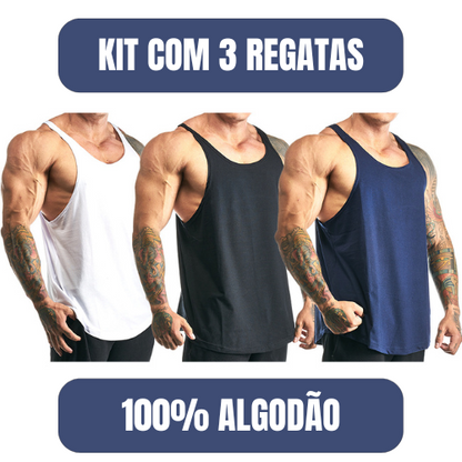 Kit com 3 regatas cavadas 100% algodão