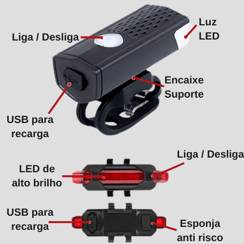 Kit Lanterna e Farol de Led para Bike - à Prova D'Água e Recarregável